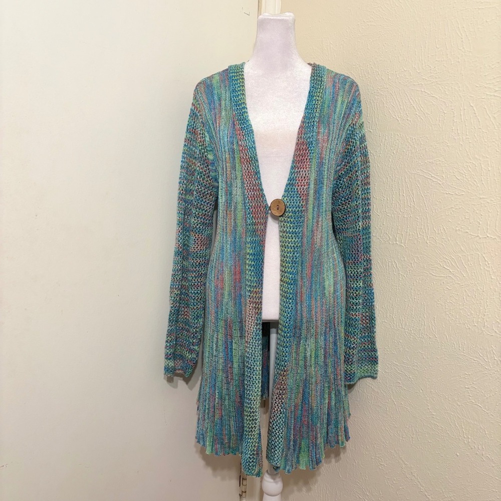 Blue Green Pastel Rainbow Space Dye Open Knit Longline Single Button Cardigan XL